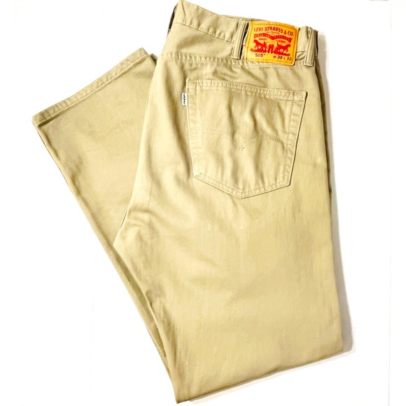 Levi’s 505 Jeans Men’s 38x32 Khaki Tan Denim Regular Fit Traditional Preppy Frat - Picture 1 of 5